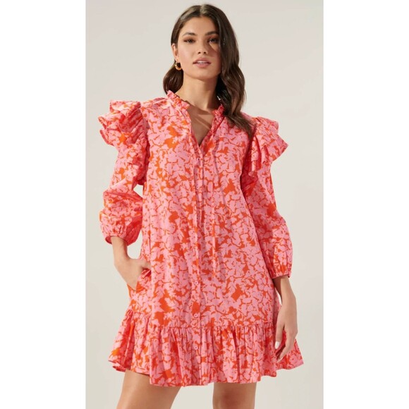Sugarlips Dresses & Skirts - Sugarlips Sunset Floral Sammy Ruffle Top Drop Waist Dress Womens L Pink Warm Red